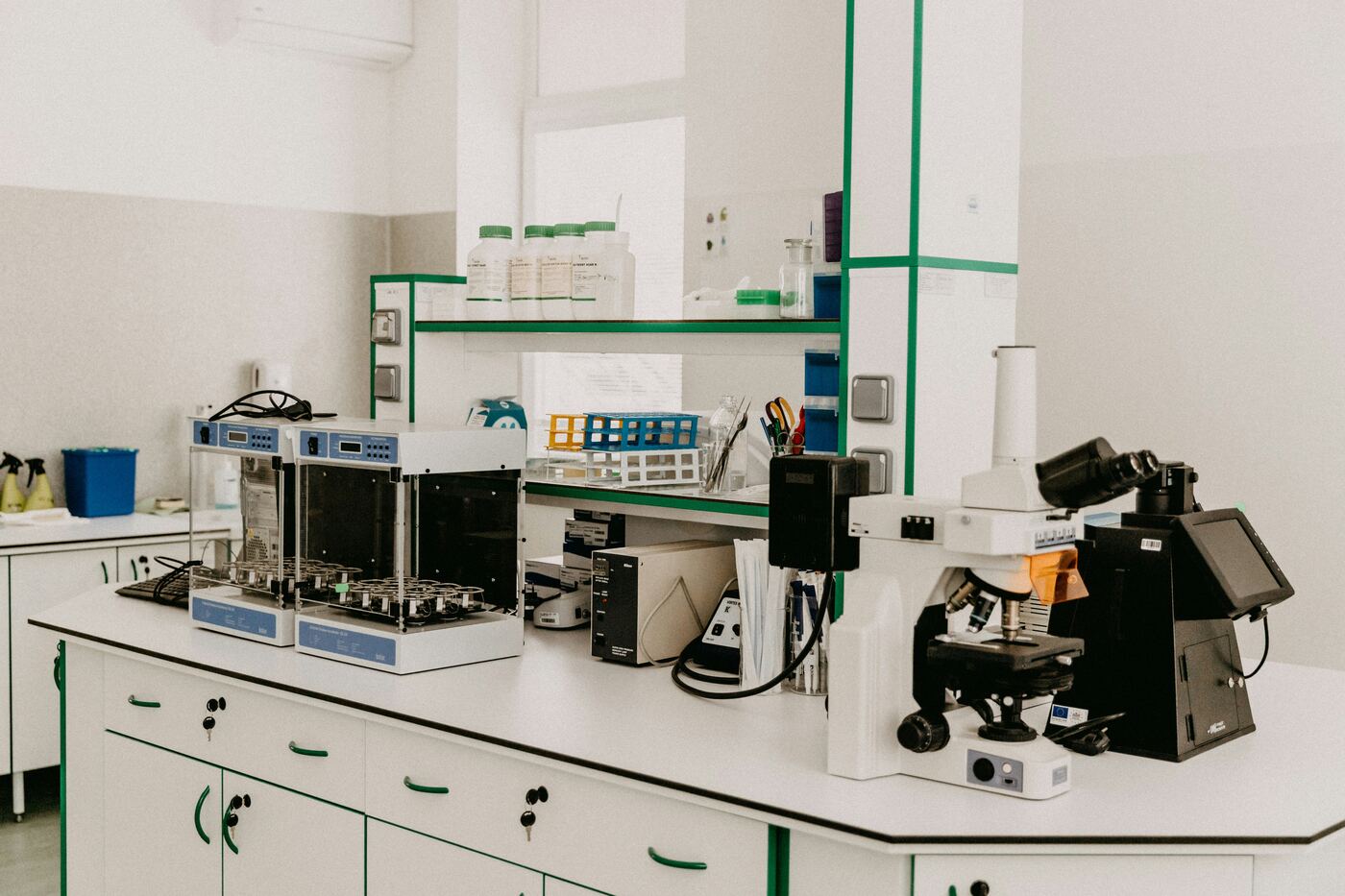 Laboratory bench with microscope and equipment